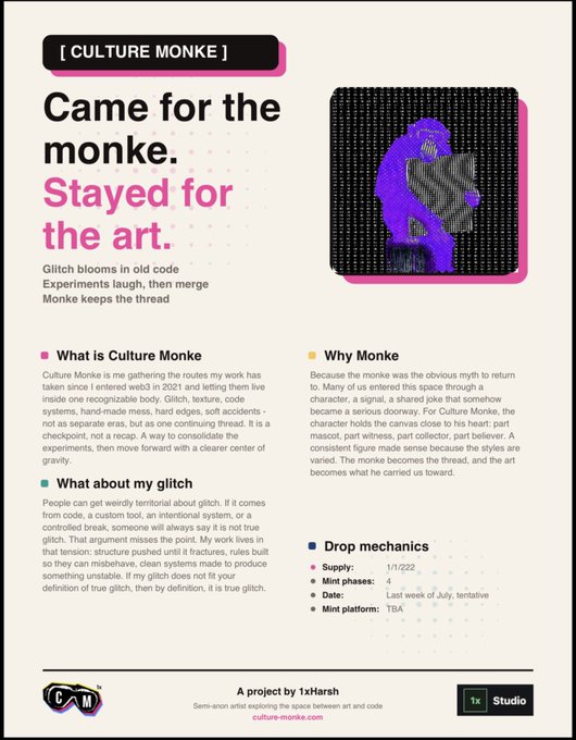 A project overview infographic for "Culture Monke," an NFT collection by artist 1xHarsh, announcing a mint of 1/1/222 NFTs in the last week of July (1/222 supply, 4 mint phases) via TBA platform, featuring a glitch-art purple monkey graphic and the tagline "Came for the monke. Stayed for the art."