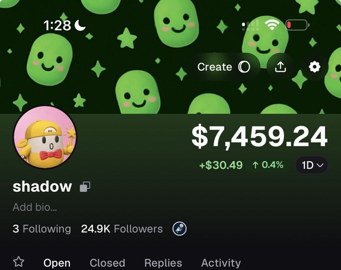 A Robinhood profile screenshot for user "shadow" shows a portfolio balance of $7,459.24 (+$30.49, 0.4%) with 24.9K followers, set against a playful green ghost-themed wallpaper, likely posted to support the creator's note about diversifying engagement across platforms like Pumpfun.