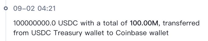 A transaction log entry dated 09-02 04:21 showing '100000000.0 USDC with a total of 100.00M, transferred from USDC Treasury wallet to Coinbase wallet'.