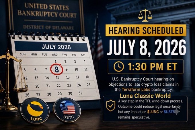 A promotional graphic announces a U.S. Bankruptcy Court hearing in the District of Delaware scheduled for July 8, 2026, at 1:30 PM ET to address objections to late crypto loss claims in the Terraform Labs bankruptcy case. The image features a July 2026 calendar with the 8th circled in red, alongside "Luna Classic World" branding, $LUNC and $USTC coin icons, and a scales-of-justice emblem—visually reinforcing the post's message that the hearing is a key step in the TFL wind-down process, though its direct impact on $LUNC and $USTC remains speculative.