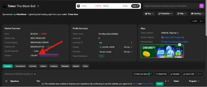 A screenshot of a token information page on a blockchain explorer for 'The Black Bull' (ANBEM) on the Ronin Network, showing market statistics like a price of $0.2518 and a market cap of $251,786,613.84, with a red arrow pointing to the holders count.