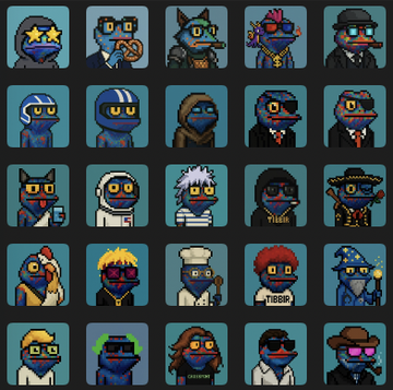 A grid of pixel-art character portraits featuring various stylized figures with sunglasses, hats, and different outfits on a dark background.