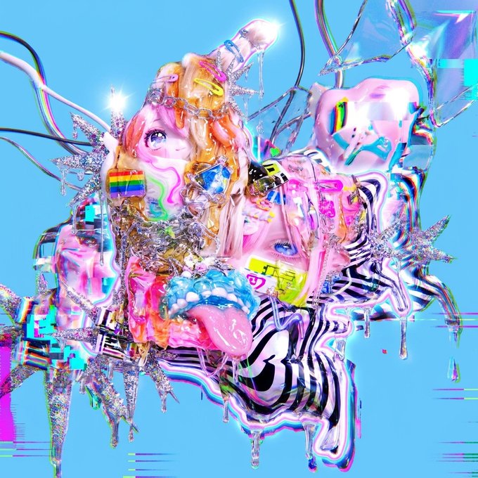 A chaotic, colorful digital art collage featuring anime-style faces, pink ice cream, zebra stripes, rainbows, and sparkling star shapes fused together against a bright blue background.