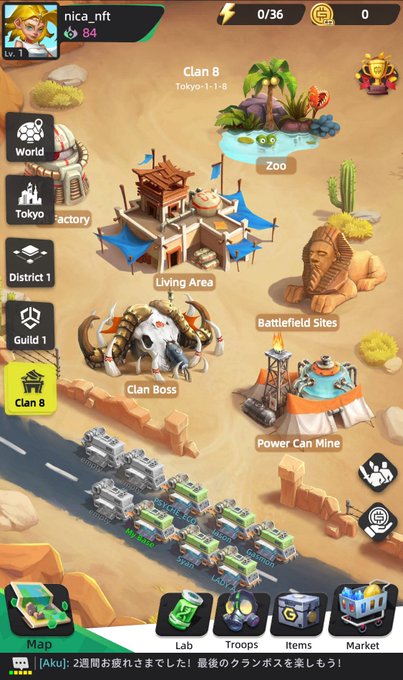 A desert-themed video game interface displays a map of the game world, with various buildings and vehicles scattered across it.