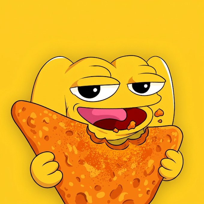 A cartoon illustration of a yellow, blob-like character with droopy, half-closed eyes, holding a large, textured orange triangular chip or crisp against a yellow background.