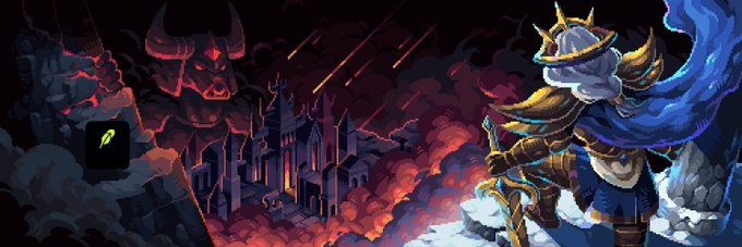 Video game banner illustration depicting an armored knight character in gold and blue looking towards a dark, ominous fortress on the left where a giant red demonic skull hovers over a fiery landscape.