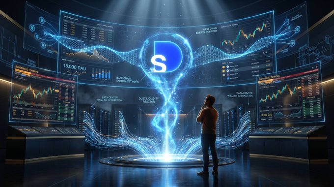 A man stands before a floating blue crystal, gazing at it with an intrigued expression. In the background behind him, there are four computer screens displaying various graphs and charts related to stock trading trends and other financial data. The image also mentions "Base" in relation to the crystal's significance.