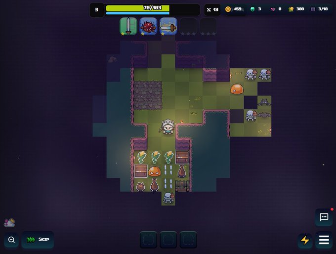 A screenshot of a top-down pixel dungeon game shows a character in the center of a room with enemies, items, and a health bar reading '70/103' at the top.