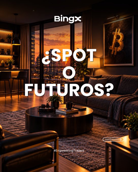 A BingX advertisement with text '¿SPOT O FUTUROS?' displayed in a modern living room setting featuring a Bitcoin-themed artwork, with the hashtag '#EmpoweringTraders' at the bottom.