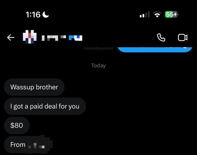 The image shows a text message exchange where someone pitches "I got a paid deal for you" worth "$80" from an undisclosed sender. This relates to the post about earning $80 today, illustrating a common hustle/side-income opportunity being offered via direct message.