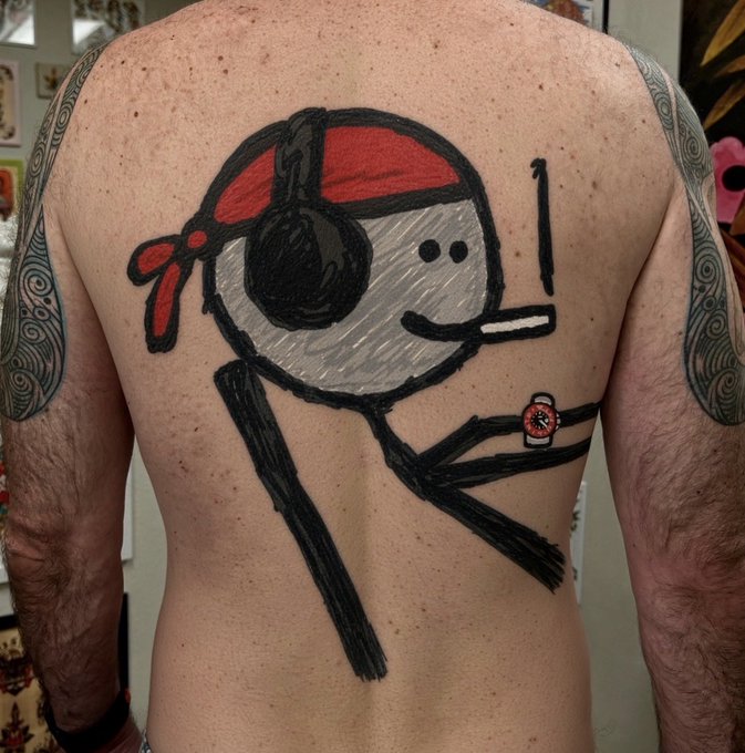 A crude, child-like illustration is drawn across someone's bare back with marker, depicting a stick-figure character wearing a red bandana and holding a cigarette, wearing a wristwatch.