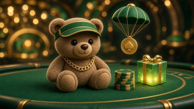 A 3D-rendered teddy bear wearing a green visor and gold chain, sitting on a green casino table next to stacks of green chips, a glowing green gift box, and a floating spade emblem with a parachute.