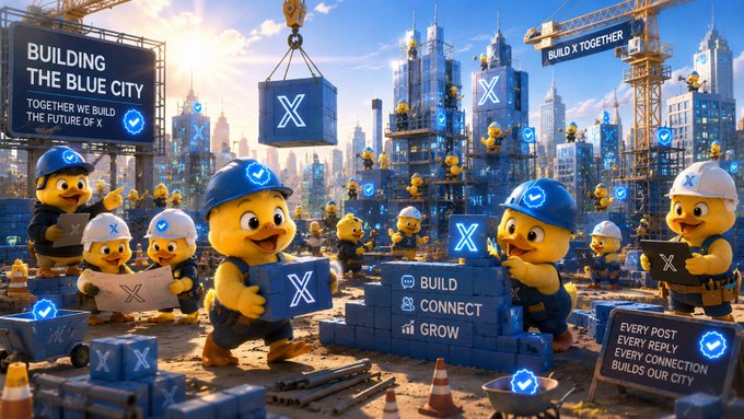 An AI-generated image depicting cartoon yellow duck mascots wearing construction helmets building a city made of Twitter/X-themed blue blocks, with signs reading 'BUILDING THE BLUE CITY' and 'BUILD X TOGETHER'.