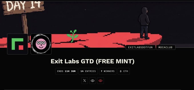 A promotional graphic for "Exit Labs GTD (FREE MINT)" giveaway featuring pixel art of a figure on a red landscape with a "DAY 11" sign, advertising 14 entries, 7 winners, 0 ETH cost, and a MOCACLUB event on EXITLABSDOTFUN, corresponding to the Exitlabs giveaway for Moca NFT holders mentioned in the post.