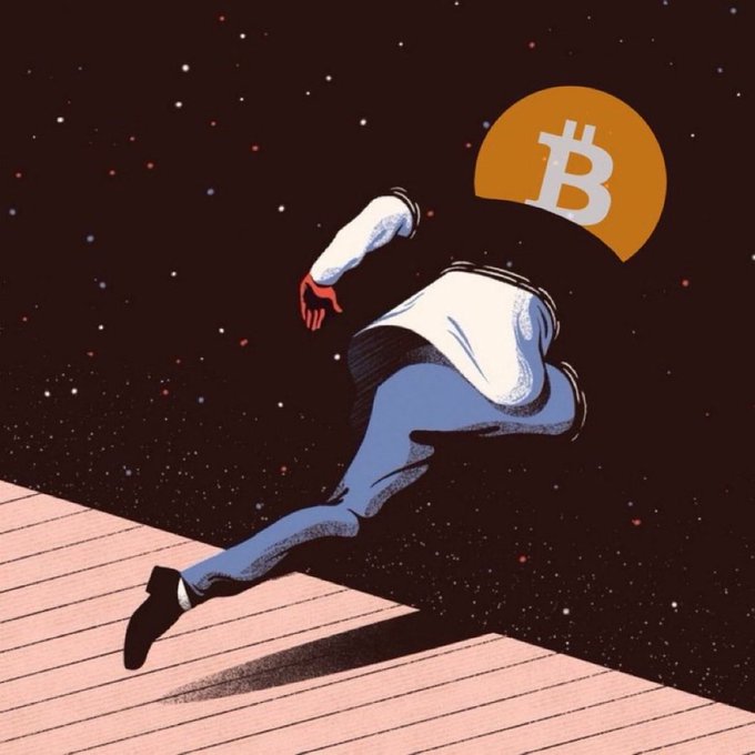 Stylized illustration of a headless figure with a Bitcoin logo in place of its head, running across a wooden dock against a starry space background.