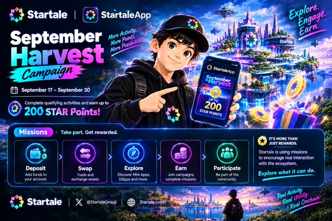 A vibrant promotional graphic for 'Startale StartaleApp' advertises the 'September Harvest Campaign' running September 17-30, offering up to 200 STAR Points for missions including Deposit, Swap, Explore, Earn, and Participate, set against a colorful anime-style futuristic cityscape.