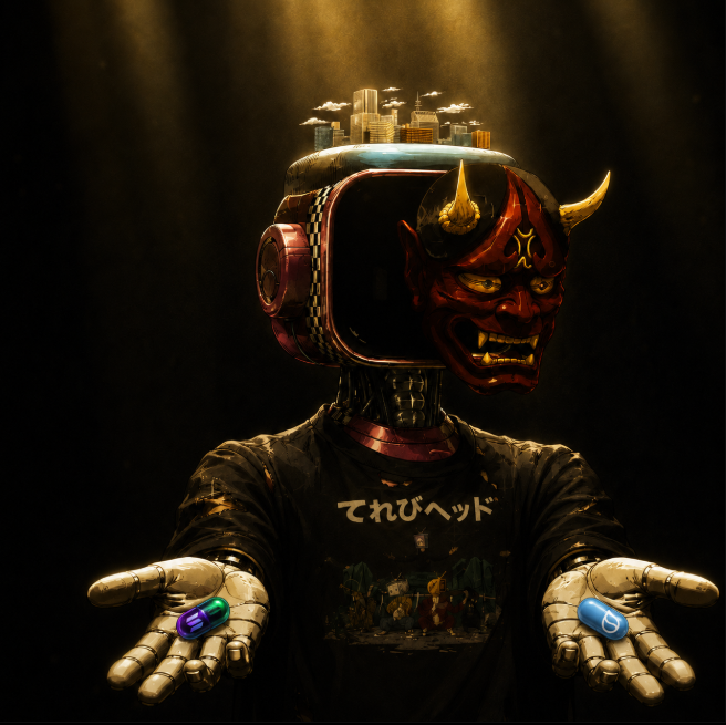 Artistic rendering of a figure in a samurai-style oni (demon) helmet with a robotic/cyborg face, wearing a Japanese-text shirt ('てんびヘッド'), holding out two hands with blue and purple pills, with a cyberpunk cityscape on top of the head.