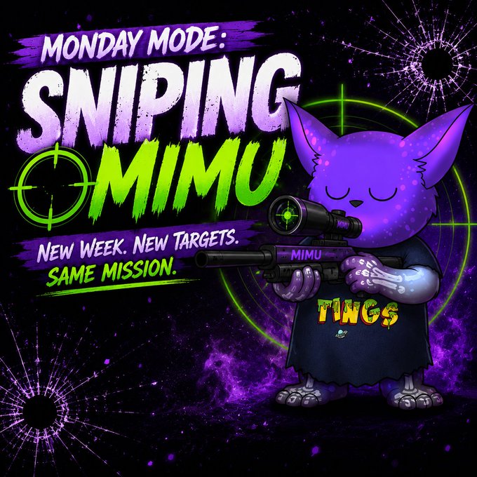 A graphic design featuring a purple cat character labeled 'MIMU' holding a sniper rifle, with bold text reading 'MONDAY MODE: SNIPING MIMU - New Week. New Targets. Same Mission.' against a purple cosmic background with bullet holes.