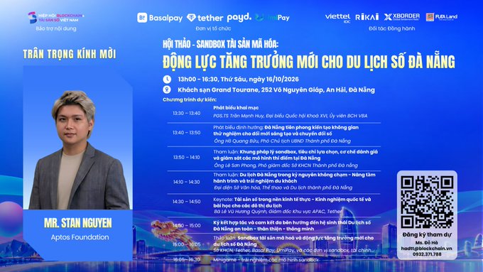 A Vietnamese-language invitation banner for a seminar titled 'HỘI THẢO - SANDBOX TÀI SẢN MÃ HÓA: ĐỘNG LỰC TĂNG TRƯỞNG MỚI CHO DU LỊCH SỐ ĐÀ NẴNG' scheduled for 13h00–16h30 on Thursday, October 16, 2026, at Khách sạn Grand Tourane in Da Nang, featuring speaker Mr. Stan Nguyen from Aptos Foundation.