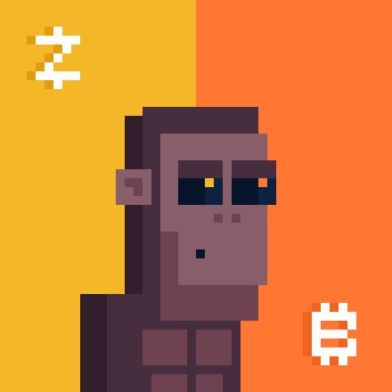 A pixel art illustration of a dark-skinned figure with sunglasses and a Bitcoin symbol on an orange gradient background.