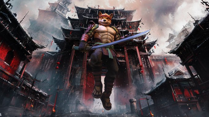 A fantasy illustration of an anthropomorphic fox warrior in armor leaping through the air wielding a katana, set against a backdrop of traditional East Asian architecture.