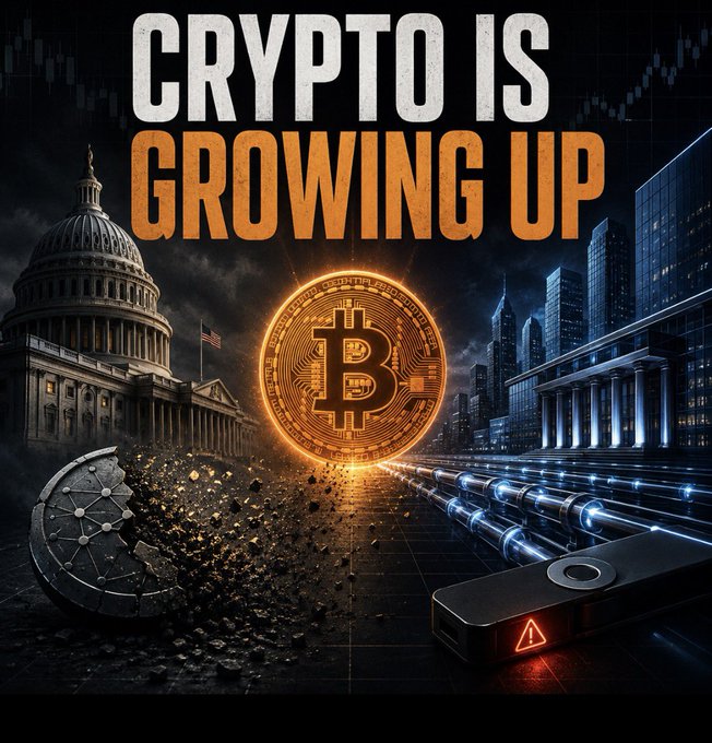 The image is a promotional graphic featuring the bold headline "CRYPTO IS GROWING UP" with "CRYPTO IS" in white and "GROWING UP" in orange text, centered above a glowing golden Bitcoin coin. Surrounding the coin are symbolic elements of crypto's maturation: the U.S. Capitol on the left (representing regulatory action like CLARITY), modern financial skyscrapers on the right (symbolizing TradFi involvement), and a shattering token structure alongside hardware wallets and glowing pipelines (representing security exploits, project failures, and institutional integration).

The accompanying post notes "TradFi isn't 'buying crypto.' It's" — referring to how traditional finance is fully integrating and reshaping the industry, ending the easy-money era as regulation tightens, institutional deals close (like Mastercard's $1.8B BVNK acquisition), and the ecosystem faces both consolidation and collapse.