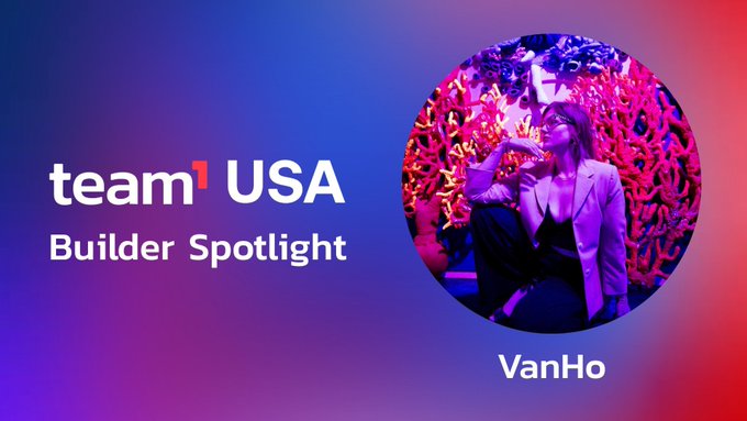 The image features a woman sitting down with her legs crossed while wearing glasses. The background of the image is purple and blue, which appears to be a part of an advertisement or promotional material for Team1 USA's Builder Spotlight feature. The text on the image reads "Team1 USA Builder Spotlight" and "VANHO", indicating that this is a post about the creator of Avalanche, Vanho.