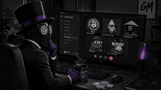 A black-and-white digital illustration of a figure in a top hat and mask at a computer showing a Discord call with crypto-themed avatars including "Bitcoin Man," "Ethereum Chad," "Solana Sensei," "DeFi Degen," and "NFT Mendel."