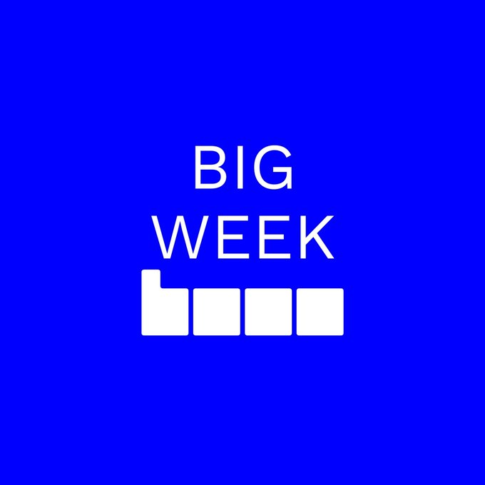 A simple blue square graphic with white text reading 'BIG WEEK' and four block-like shapes below it.