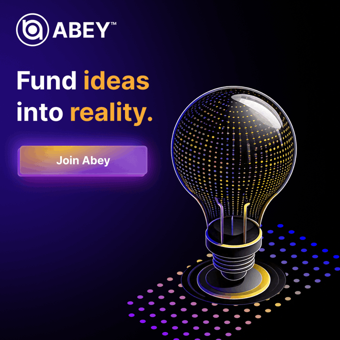 An advertisement for Abey featuring a stylized lightbulb graphic with the tagline 'Fund ideas into reality' and a 'Join Abey' call-to-action button.