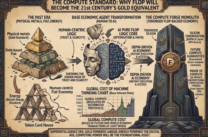 A steampunk-style infographic argues that money is evolving from physical metals, debt-based fiat, and Bitcoin’s energy standard to a tokenized “compute standard” governed by FLOP. It contrasts “human-centric logic” with “AI pure FLOP logic,” depicts a compute-guarantees tower backed by silicon and GPU clusters, and shows the “Global Cost of Machine Thinking Chart” rising above a “Global Compute Cost” of 256.