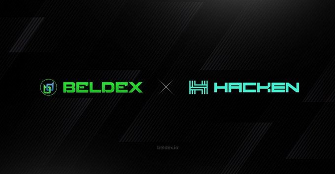 The image displays a dark, diagonally-striped promotional banner featuring the green "BELDEX" logo on the left and the teal "Hacken" logo on the right, separated by an "X" symbol to represent their partnership, with "beldex.io" written below. This visual reinforces the post's announcement of BelDEX completing a security penetration test of its new cross-chain bridge in collaboration with cybersecurity firm Hacken.