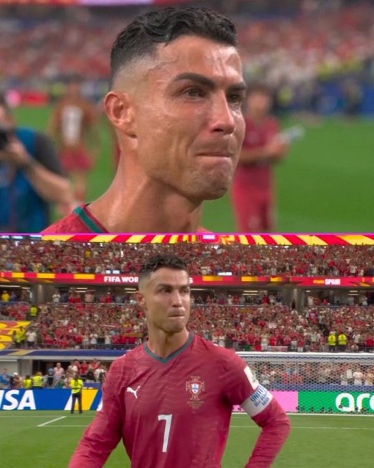 Cristiano Ronaldo is shown crying in the top frame while wearing Portugal's red #7 jersey in the bottom frame at a packed stadium during a FIFA World Cup match. The "Checking my meme coins this morning" caption humorously compares his emotional reaction to the painful experience of seeing crypto investments plummet in value.
