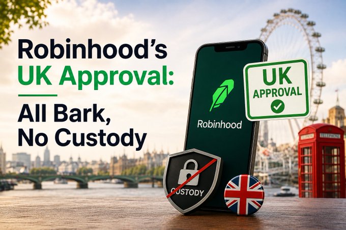 A promotional-style graphic featuring the text "Robinhood's UK Approval: All Bark, No Custody" alongside a smartphone displaying the Robinhood app, a "UK APPROVAL" badge, a crossed-out custody shield icon, and a Union Jack button—visually reinforcing the post's critique that Robinhood's UK crypto approval lacks meaningful substance, as the company cannot custody assets or operate an exchange unlike Kraken, Coinbase, and Revolut.
