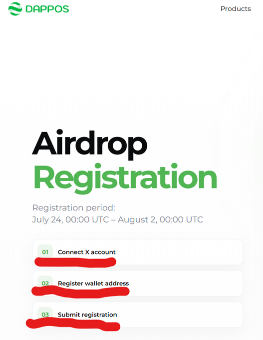 A screenshot of the dappOS airdrop registration page showing a three-step process (Connect X account, Register wallet address, Submit registration) with a registration period from July 24 to August 2 UTC, underscoring the post's urgent call to register before the deadline.
