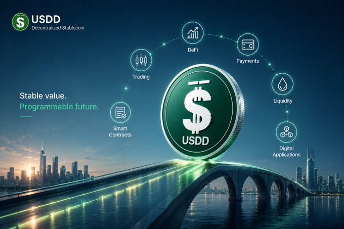 A promotional graphic for "USDD Decentralized Stablecoin" with the tagline "Stable value. Programmable future," showcasing a large USDD coin floating above a glowing bridge and connecting to icons for DeFi, Payments, Liquidity, Digital Applications, Smart Contracts, and Trading.