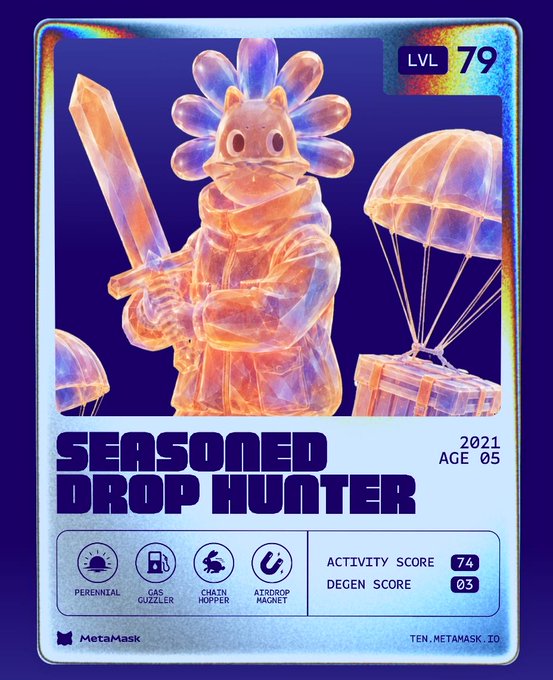 A holographic-style digital collectible card from MetaMask's "Ten Years Checker" tool displays a "Seasoned Drop Hunter" character at LVL 79 with stats including "Perennial," "Gas Guzzler," "Chain Hopper," and "Airdrop Magnet" traits, showing an Activity Score of 74 and Degen Score of 03, referencing a 2021 onboarding age—designed to gamify users' onchain history rather than announce an actual $MASK airdrop.