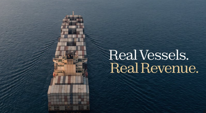 An aerial view of a large container ship loaded with multicolored shipping containers sailing on calm ocean waters, featuring the text "Real Vessels. Real Revenue." — imagery that visually reinforces the post's discussion of the "Half Sail" model by contrasting real-world maritime logistics with DeFi yield-splitting mechanisms.