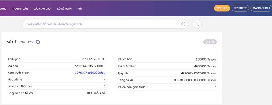 A Vietnamese blockchain explorer interface showing transaction details with a fee of 1000000 Test-π, timestamped 21/08/2026, and various transaction metrics on a TESTNET network.