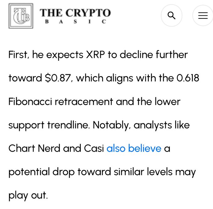 The main focus of the image appears to be a screenshot from a website displaying information related to bitcoin trading. The website's title reads "THE CRYPTO BANK" at the top, followed by an image featuring a keyboard with text that says "First. He expects XRP to decline further toward $0.87". This is accompanied by additional information about a chart nerd and a casialso believing in the current chart of XRP's rise or fall depending on its direction towards the 0.86 mark. The screenshot also shows a play button, so viewers can interact with the content if they choose to do so.