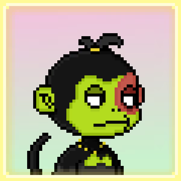 Pixel art portrait of a green-skinned character with black hair tied up, wearing a red earring and holding a cigarette.