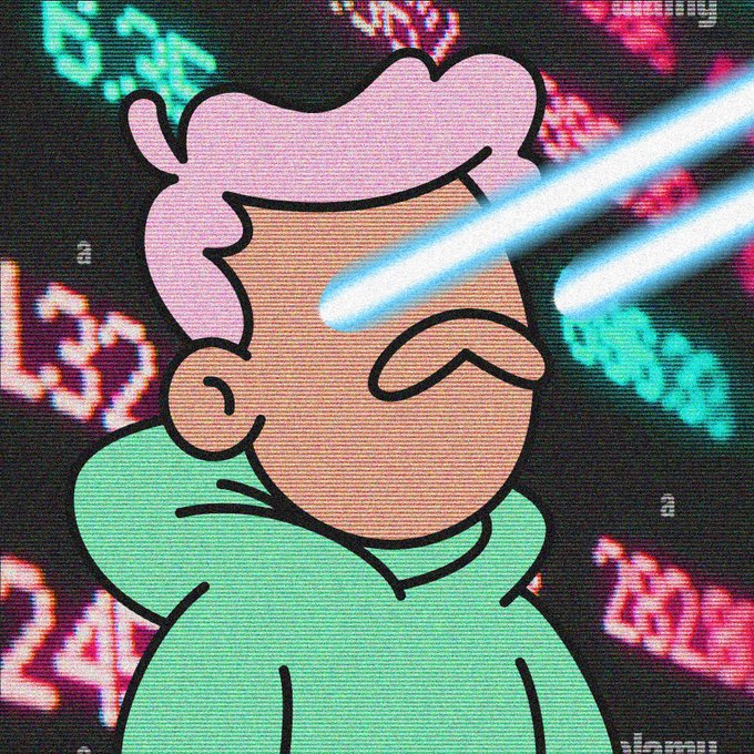 A stylized cartoon illustration of a character with pink hair and a green hoodie having blue laser beams shoot from their eyes, set against a background of digital stock market numbers and data.