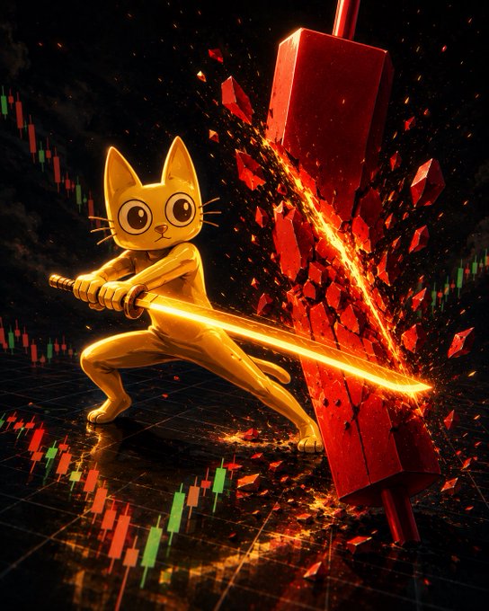 A 3D-rendered golden cat character wielding a glowing orange energy sword, slashing through a red rectangular block with dramatic fire-like effects and candlestick charts in the background.