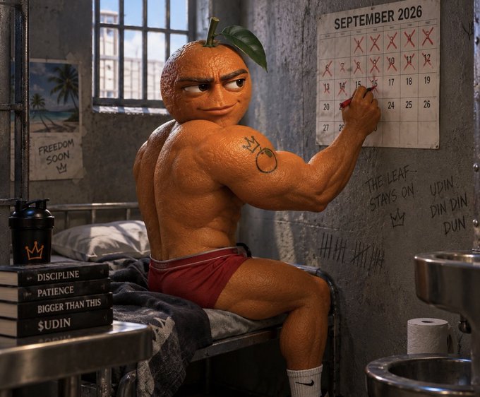 A muscular anthropomorphic orange character marks off days on a September 2026 calendar in a prison cell, having already crossed out days 1-14 with red X's while holding a marker over day 15. The cell features a postcard reading "FREEDOM SOON," a stack of books labeled "DISCIPLINE," "PATIENCE," "BIGGER THAN THIS," and "ŠUDIN," along with wall graffiti stating "THE LEAF STAYS ON" and "ŠUDIN DIN DIN DUN," tying directly to the post's reminder about 15 days remaining before the $Udin court case.