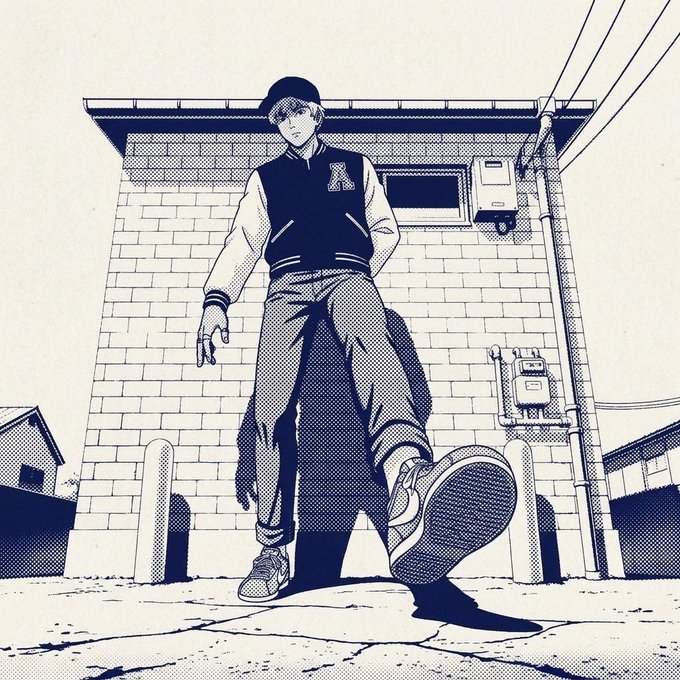 A black and white illustration of a young man in a varsity jacket and jeans, viewed from a low angle as he walks toward the viewer against a brick building.