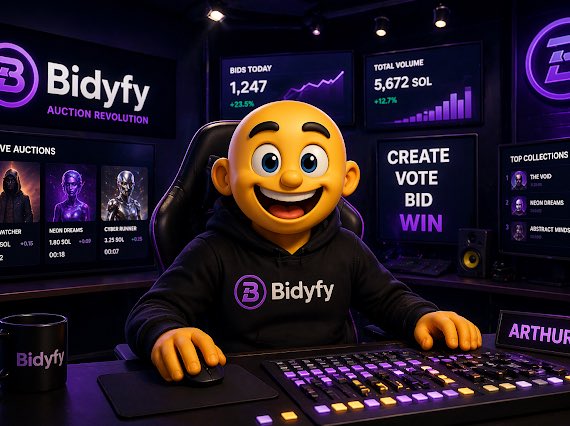 A cheerful yellow emoji-like character wearing a "Bidfy" hoodie sits at a high-tech streaming setup surrounded by monitors displaying stats like "BIDS TODAY 1,247," "TOTAL VOLUME 5,672 SOL," and "CREATE VOTE BID WIN," visually reinforcing Bidfy's AI-powered, Solana-based real-time collectible auction platform. The image captures the energy of a live bidding hub where unique AI-generated cards are auctioned and settled on the Solana blockchain.