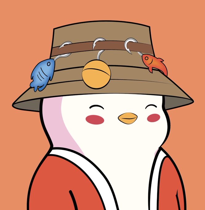 A cartoon drawing of a white duck-like character wearing a red garment and a brown bucket hat decorated with small blue and orange fish and a yellow bobber.