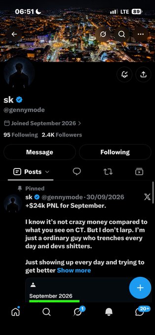 A mobile social media profile page for 'sk' (@gennymode) with a pinned post mentioning '+24k PNL for September' and referring to 'trenches' and 'devs shitters'.