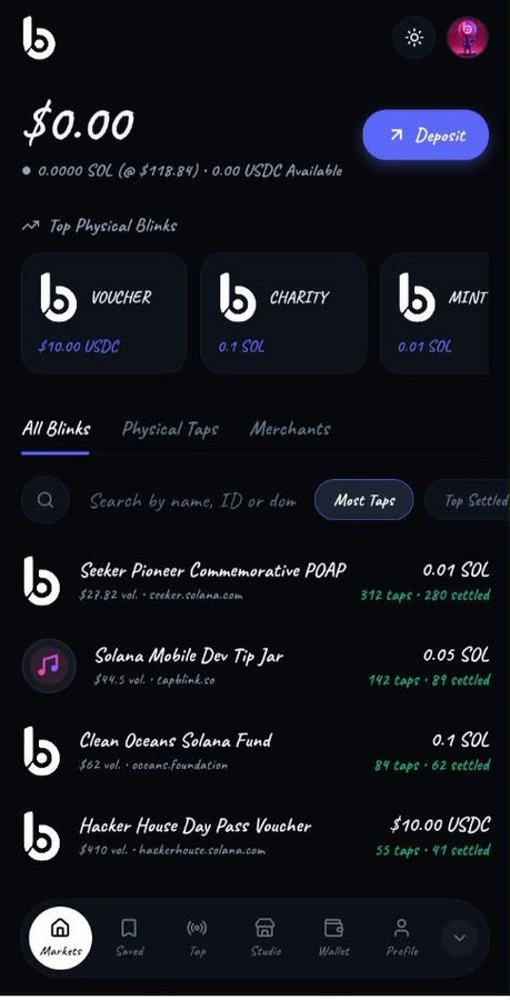 A dark-mode mobile app interface showing a balance of '$0.00', with sections for 'Top Physical Blinks' including VOUCHER, CHARITY, and MINT, and a list below featuring 'Seeker Pioneer Commemorative POAP', 'Solana Mobile Dev Tip Jar', 'Clean Oceans Solana Fund', and 'Hacker House Day Pass Voucher'.