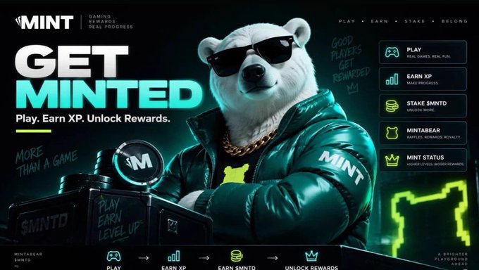 Promotional graphic for MINT featuring a white bear wearing sunglasses and a green jacket, with text 'GET MINTED' and various reward benefits listed.